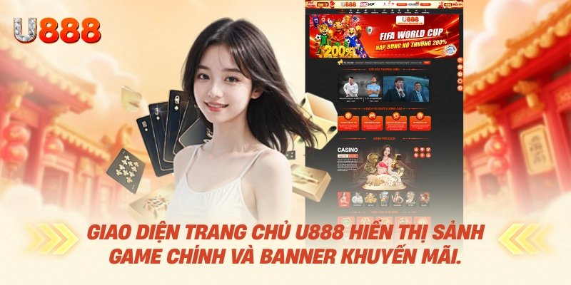 Giao diện trang chủ U888 hiển thị sảnh game chính và banner khuyến mãi.