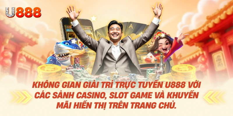 Không gian giải trí trực tuyến U888 với các sảnh casino, slot game và khuyến mãi hiển thị trên trang chủ.
